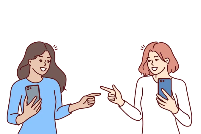 Women With Mobile Phones Point Fingers At Each Other Rejoicing At First Meeting After Acquaintance In Social Networks Happy Girls With Phones Advertise Applications For Communication Illustration