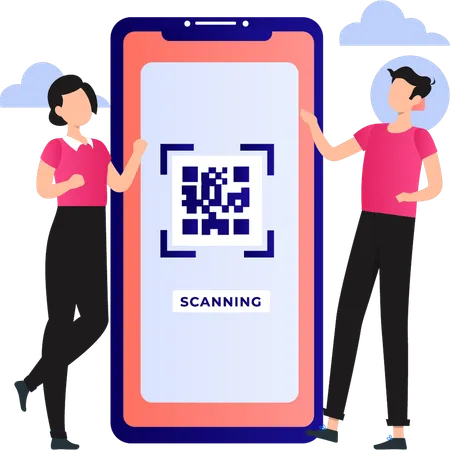Employees are making digital payment through scanner  イラスト