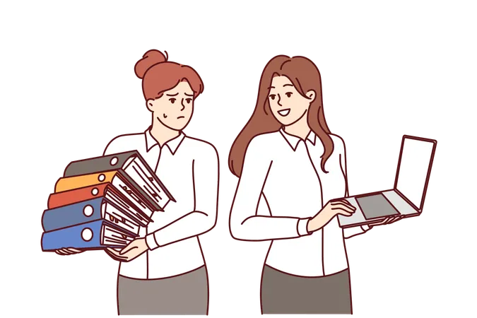 Successful Woman With Laptop Recommends To Colleague To Abandon Paperwork And Start Digitalizing Business Girl With Folders Of Documents Needs To Digitalizing Workflows To Increase Productivity Illustration