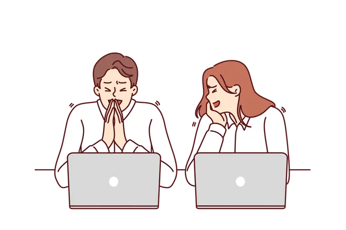 Office Workers Laugh Sitting At Workplace With Laptops For Concept Of Friendly Team In Business Guy And Girl Laugh Taking Break From Work And Being Distracted From Performance Of Official Tasks Illustration