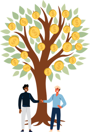 Employees are standing under money tree  Illustration