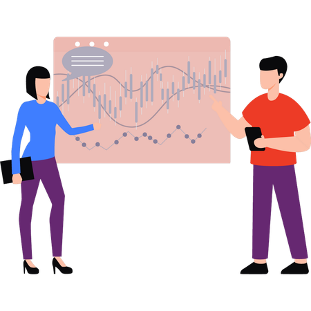 Employees are talking about candlestick graphs  Illustration