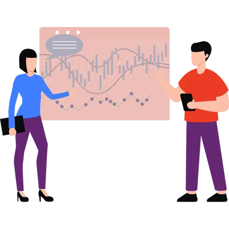 Employees are talking about candlestick graphs  Illustration