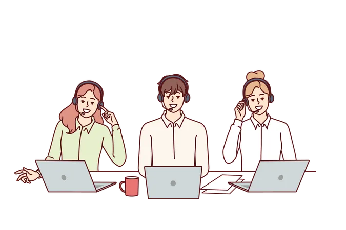 Call Center Employees With Headsets For Telephone Sales Sit At Table With Laptops And Advise Potential Buyers Call Center With Business People Talking To Clients Via IP Telephony Illustration