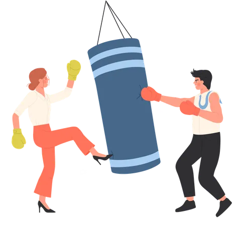 Employees Boxing In Office Interior Isolated Vector Illustration Cartoon Man And Woman Fighters In Gloves Hitting Punching Bag At Corporate Training Angry Fight And Challenge Of Two Crazy Characters Illustration