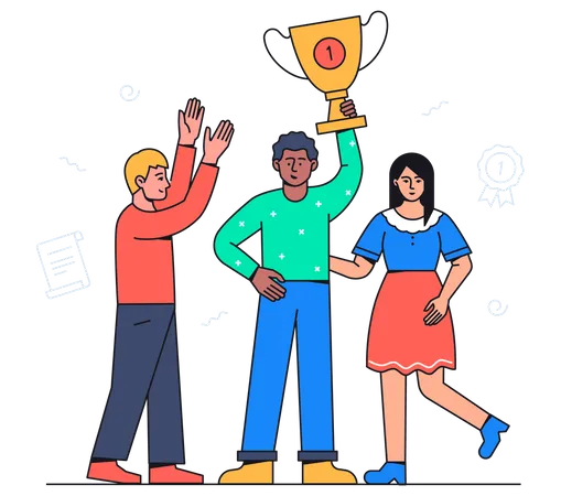 Business Victory Colorful Flat Design Style Illustration With Line Elements A Composition With A Happy Team Male And Female Colleagues Celebrating A Boy Holding An Award Success And Winning Idea Illustration