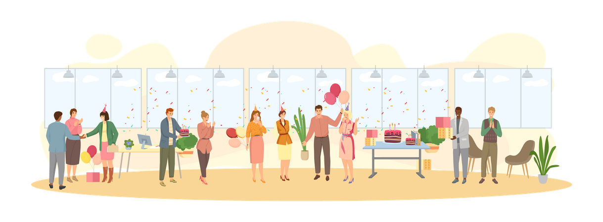 Employees celebrating at office workplace Illustration