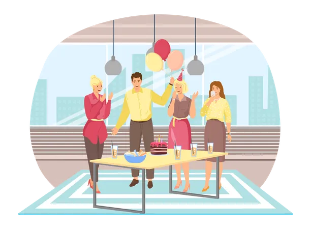 Birthday Party In Office Flat Vector Illustration Workers Organize Holiday Congratulate Boss Interaction Entertainment At Workplace Business Team Giving Gifts Balloonns And Cake To Colleague Illustration