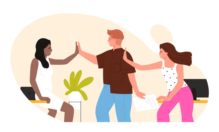 Happy Male Friends Give High Five Together Vector Illustration Cartoon Team Of Young People With Joy Showing Positive Gesture Of Trust And Support Friendship And Meeting Illustration