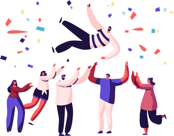 Friends Birthday Party Business Success Congratulation Team Of Young People Tossing Up In Air Man With Confetti Flying Around People Celebrating Victory Achievement Cartoon Flat Vector Illustration イラスト