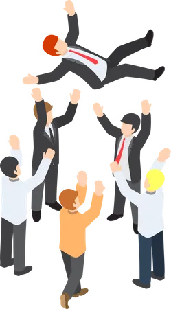 Flat 3 D Isometric Businessman Being Throw Up In The Air By His Team Business Success And The Expression Of Love And Respect For Team Leader Illustration