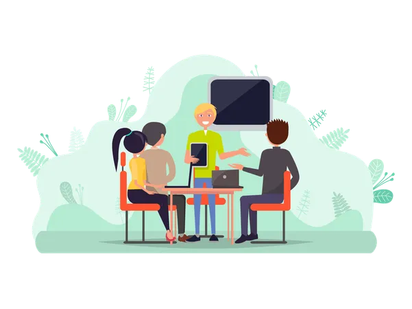 Group Of People In Office Outdoors Coworkers Have Disussion In Park Employees Communicate And Use Laptops Business Collaboration Teamwork Vector Green Business Illustration