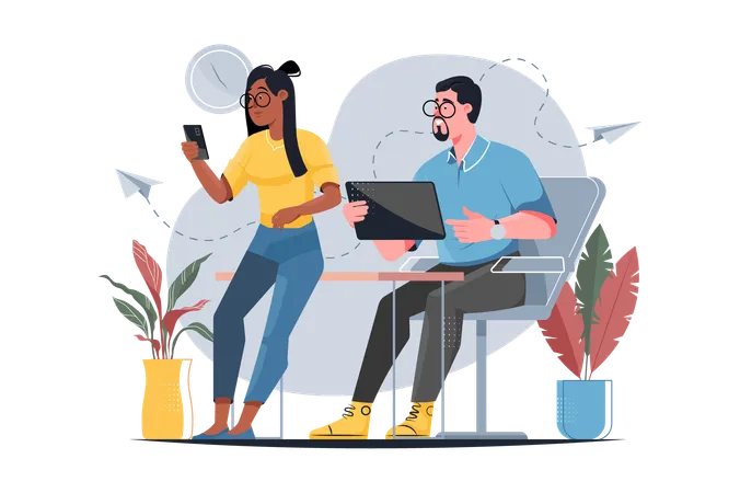 People Use Gadgets Yellow Concept With People Scene In The Flat Cartoon Design Two Illustration