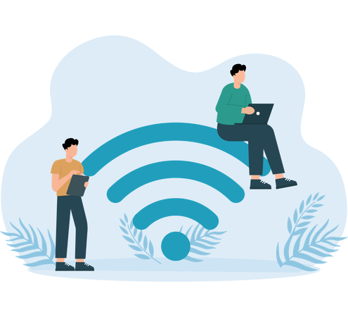 Employees connect their laptop to Wi-fi Signal  Illustration