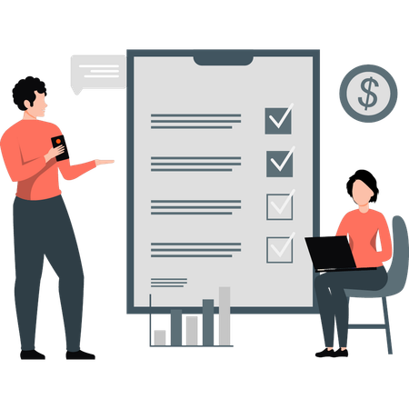 Employees correcting business checklist  Illustration