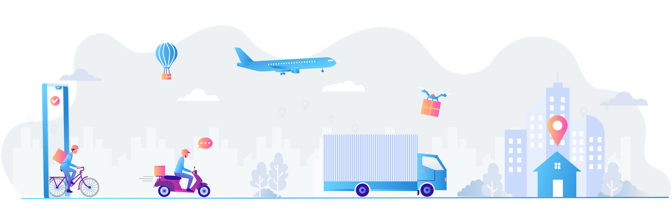 Employees deliver goods in various forms to customers Illustration