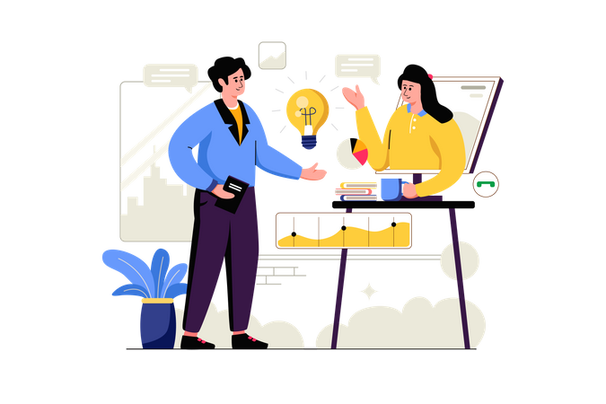 Employees Discussing Business Ideas on online meeting  イラスト