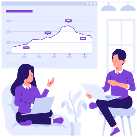 Employees discussing market data  Illustration