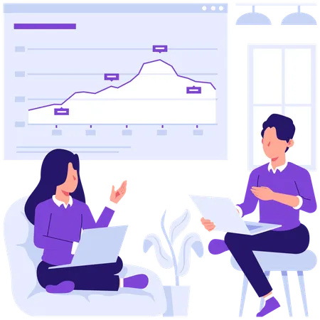 Employees discussing market data  Illustration