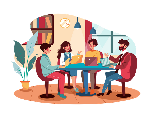 Employees discussing marketing strategy Illustration