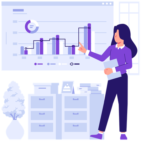 Employees discussing pie diagram data  Illustration
