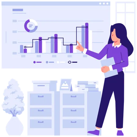 Employees discussing pie diagram data  Illustration