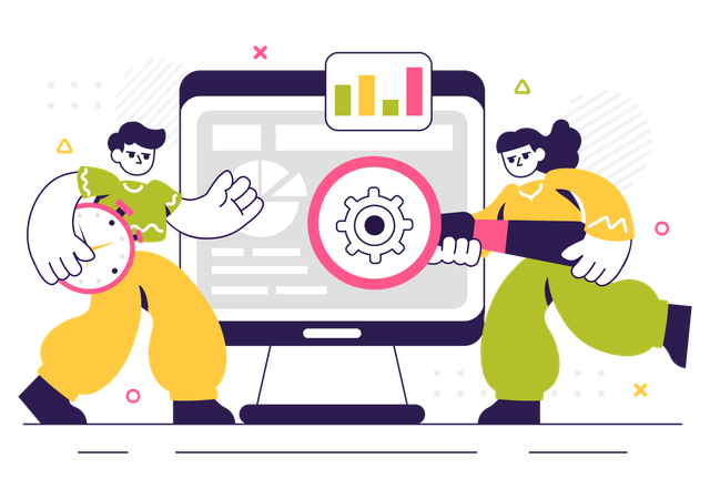 Employees doing analysis using ERP Software System  Illustration