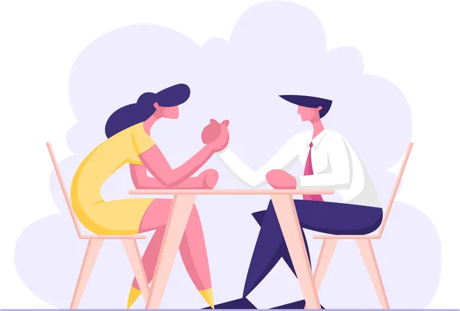 Business People Armwrestling Man And Woman Fighting On Hands Sitting At Table Business Competition Challenge Leadership Concept With Male Female Characters Fight Cartoon Flat Vector Illustration 일러스트레이션