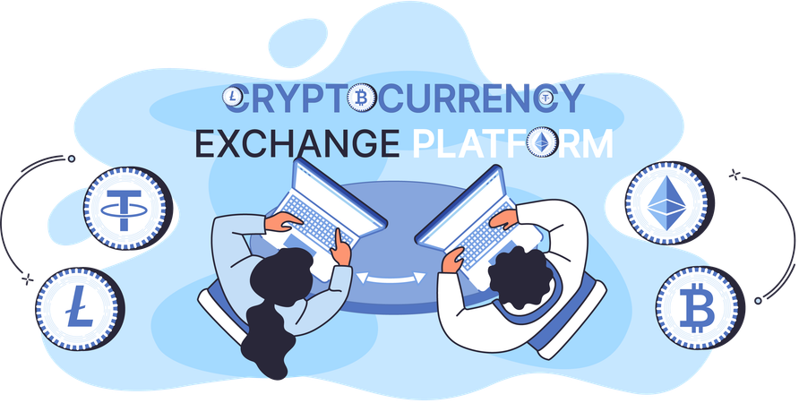 Employees doing Cryptocurrency exchange and blockchain  Illustration