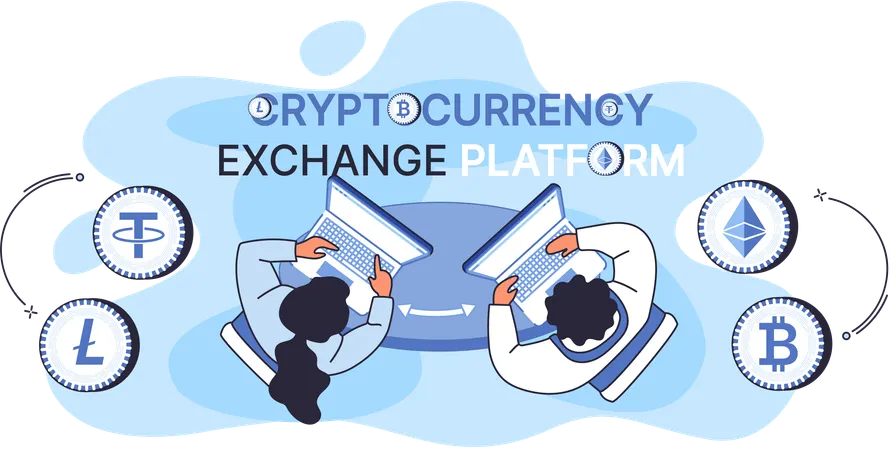 Employees doing Cryptocurrency exchange and blockchain  Illustration