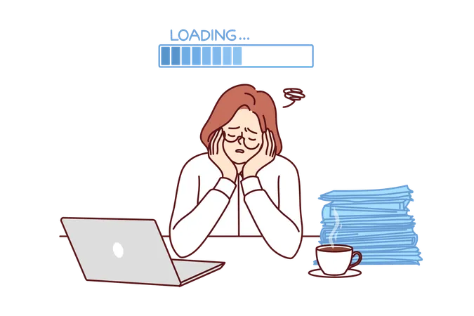 Slow Woman Office Worker Sleeping At Workplace With Laptop And Papers Due To Lack Of Energy Sitting Near Progress Bar Loading Slow Girl Cannot Start Work Due To Sleepiness Or Working Overtime Illustration