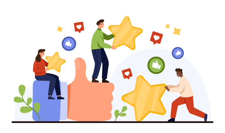 Employees Engaging in Teamwork and Positive Reviews  Illustration