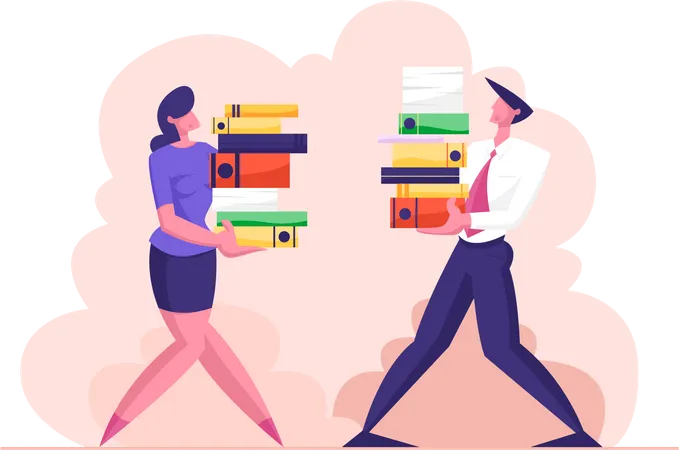 Man And Woman Carry Big Heap Of Documents Files Business People Characters Office Employee At Work Very Busy Day Accounting Bureaucracy Manager New Job Position Cartoon Flat Vector Illustration イラスト