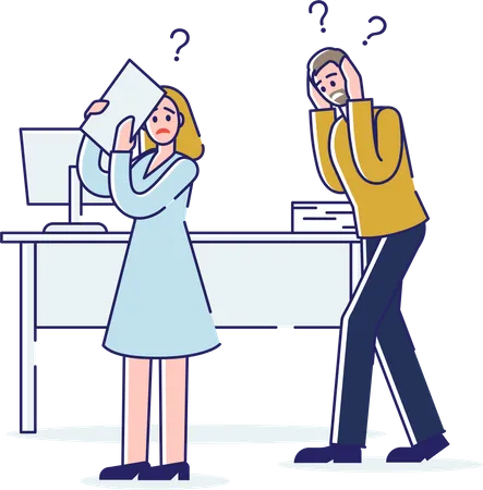 Concept Of Stressed Office Situations Work And Staff Office Employees Man And Woman Is Covering Head And Ears Because Of Loud Shouting Of Their Boss Cartoon Linear Outline Flat Vector Illustration Illustration