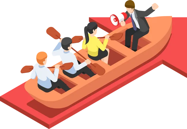 Flat 3 D Isometric Businessman Rowing Team Going Forward On Red Arrow Teamwork And Business Success Concept Illustration