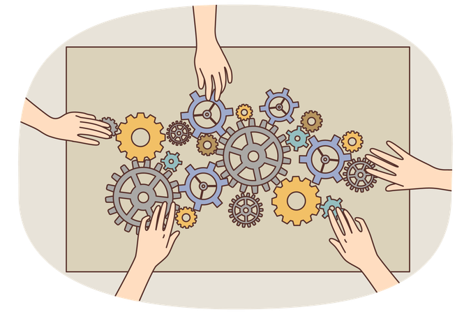Employees handing connect cogwheels  Illustration