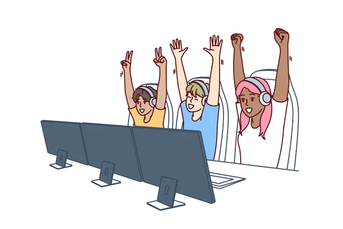 Team Of Teenagers Esports Or Gamers Have Won Multiplayer Video Game And Are Raising Hands In Triumph Team Of Gamers Are Sitting At Table With Computers Participating In Cyber MMORPG Tournament 일러스트레이션