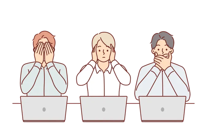 Uncoordinated Work Of Business People Sitting At Table With Laptops Demonstrate Lack Of Communication And Cover Mouths With Ears Or Eyes Uncoordinated Teamwork In Corporation Or Company Illustration