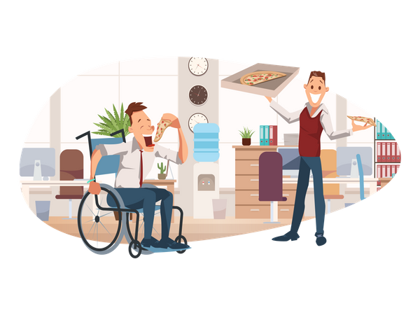 Employees having pizza in lunch break  Illustration