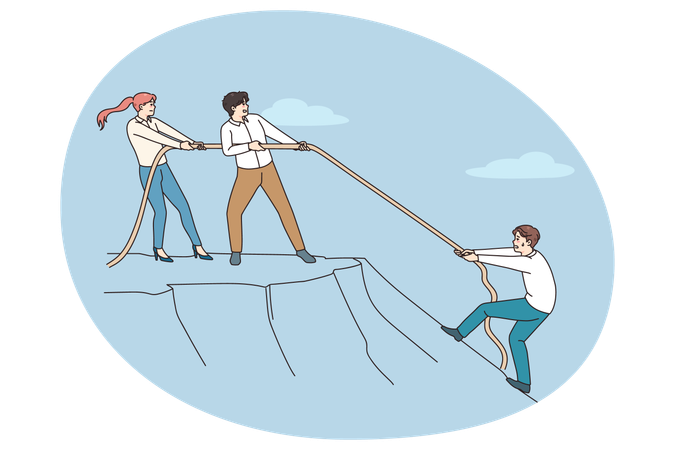 Employees help colleague climb up the rock  Illustration
