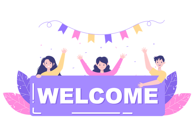 Employees holding welcome board  Illustration