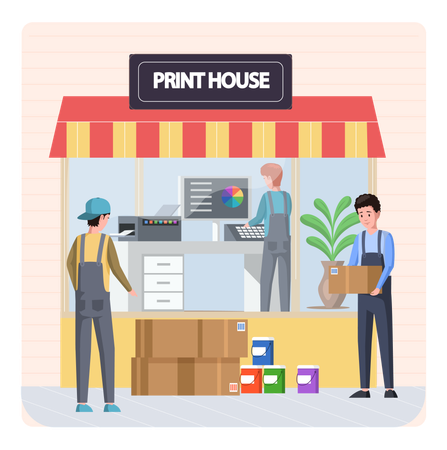 Employees of printing house count and carry boxes  Illustration