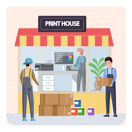 Employees of printing house count and carry boxes  Illustration