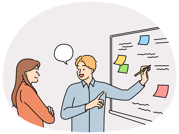 Employees of startup stand at whiteboard are brainstorming  Illustration
