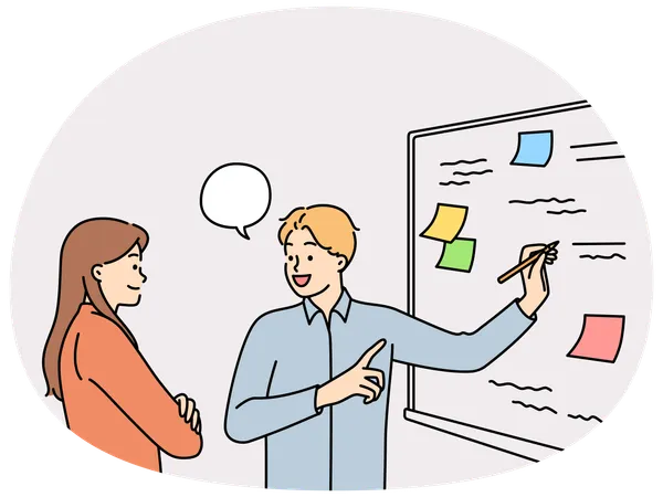 Employees of startup stand at whiteboard are brainstorming  Illustration
