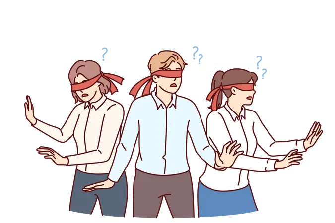 Business People With Blindfolds Look In Different Directions Symbolizing Lack Of Coherence Between Company Employees Man And Two Female Office Workers Are Having Trouble Coordinating Illustration