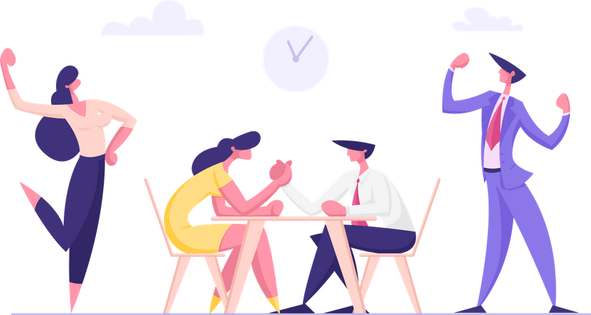 Employees playing armwrestling during leisure time  Illustration