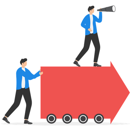 Employees push forward arrow and boss standing at on arrow  Illustration