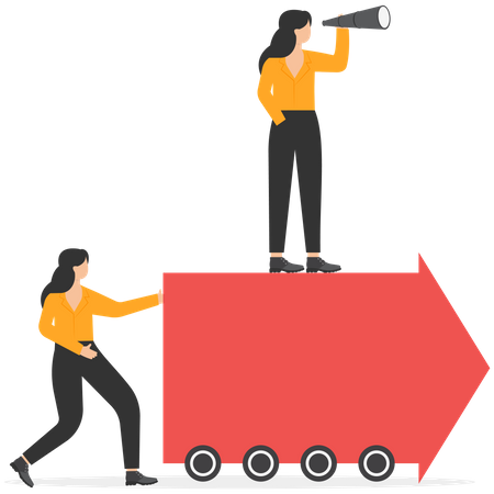 Employees push forward arrow and boss standing at on arrow  Illustration