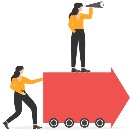 Employees push forward arrow and boss standing at on arrow  Illustration